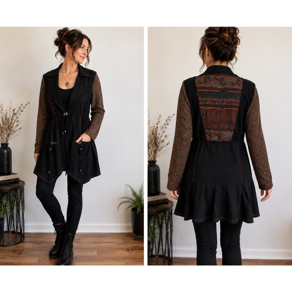 Jane & John Artistic Lagenlook Jacket Black Mixed Media Longline XL